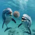 deux-dauphins-samusant-avec-un-poisson-globe-pour-obtenir-une-effet-plannant